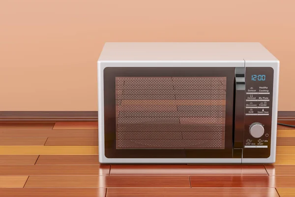 Современная микроволновая печь в номере на деревянном полу, 3D рендеринг — стоковое фото