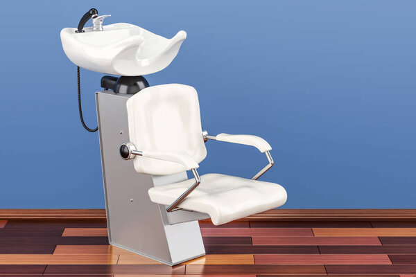 Modern salon chair hair washing shampoo unit in room on the wood