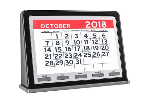 Calendario digitale ottobre 2018, rendering 3D — Foto Stock