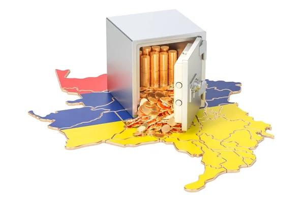 Caja de seguridad con monedas de oro en el mapa de Colombia, representación 3D — Foto de Stock
