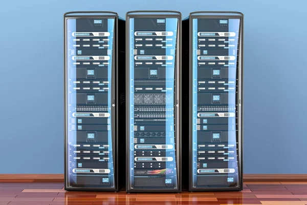 Set Computer Server Racks in de kamer op de houten vloer, 3D-ren — Stockfoto