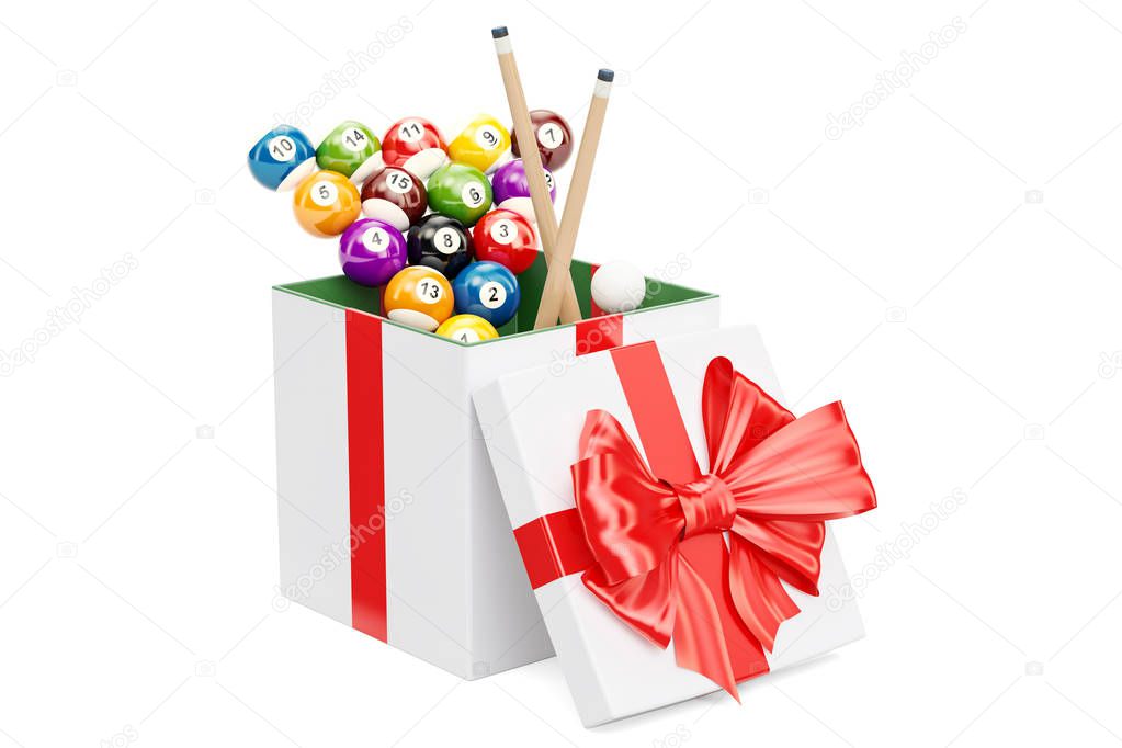 Gift concept, billiard balls with cue inside gift box. 3D render