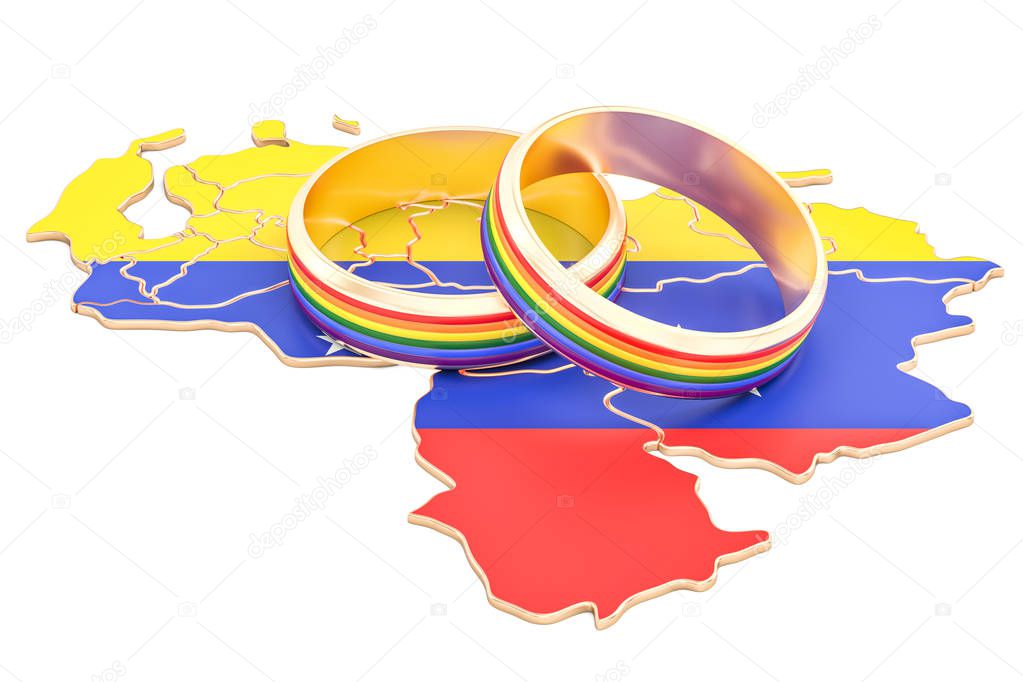 Venezuelan map with LGBT rainbow rings, 3D rendering