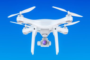 Mavi gökyüzünde 3d render dron quadrocopter 