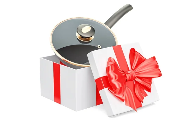 Фрайпан всередині подарункової коробки, концепція подарунка. 3D візуалізація — стокове фото