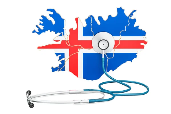 Isländska karta med stetoskop, nationella hälso-och koncept, 3d — Stockfoto