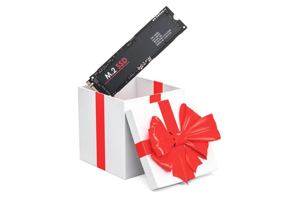 M2 SSD dentro de la caja de regalo, concepto de regalo. Renderizado 3D — Foto de Stock