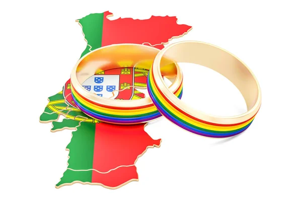 Mapa portugués con anillos de arco iris LGBT, representación 3D — Foto de Stock