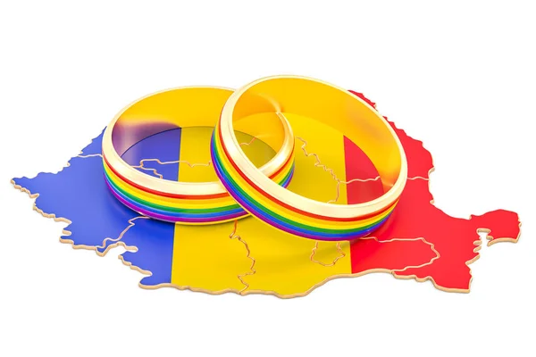 Mapa rumano con anillos de arco iris LGBT, representación 3D —  Fotos de Stock