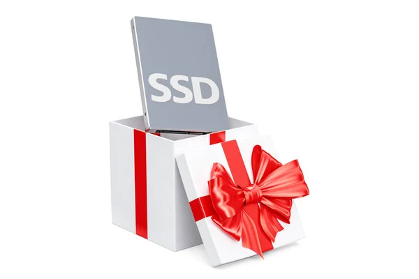 Solid state disk Ssd uvnitř Dárková krabice, dárkové koncept. 3D renderin — Stock fotografie