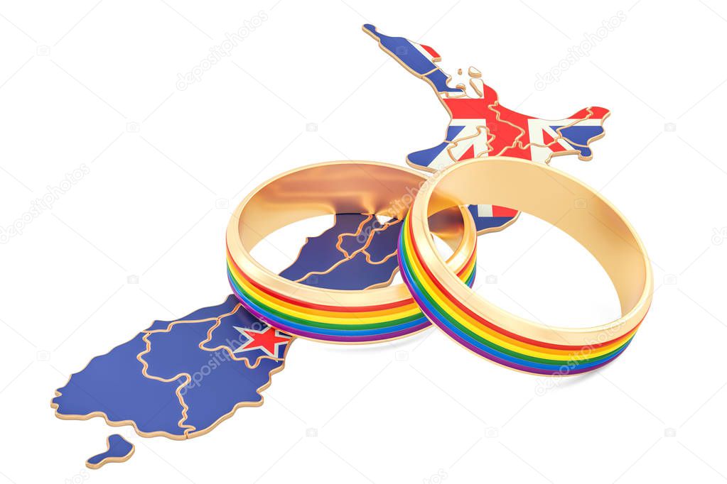 New Zealand map with LGBT rainbow rings, 3D rendering
