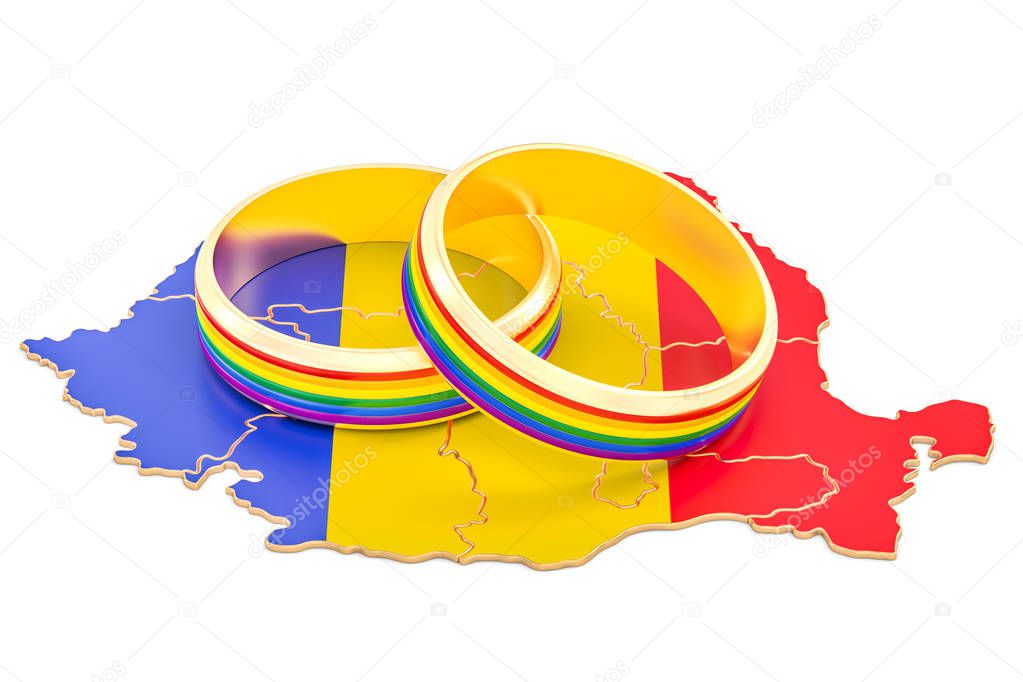 Romanian map with LGBT rainbow rings, 3D rendering