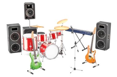 Farklı müzik aletleri ve donanımları, 3d render