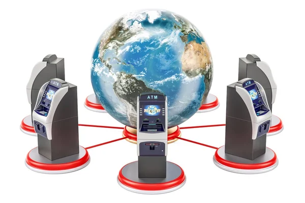 Global banking service concept, ATMs around the Earth Globe,  3D — Stock Photo, Image