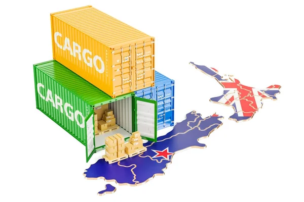 Envío de carga y entrega desde el concepto de Nueva Zelanda, renderi 3D — Foto de Stock