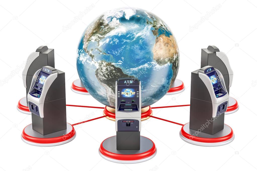 Global banking service concept, ATMs around the Earth Globe,  3D