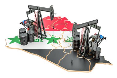 Irak Haritası petrol varil ve pumpjacks. Petrol üretim kavramı