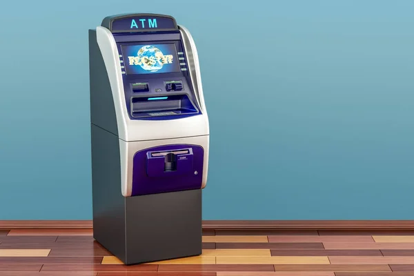 ATM, mașină automată de teller în cameră pe podeaua din lemn, 3D re — Fotografie, imagine de stoc