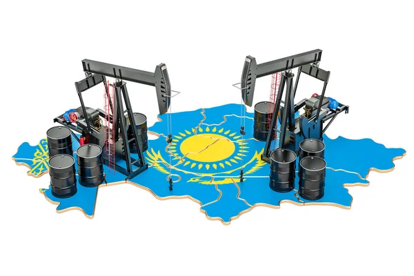 De kaart van Kazachstan met olievaten en pumpjacks. Olie productie co — Stockfoto
