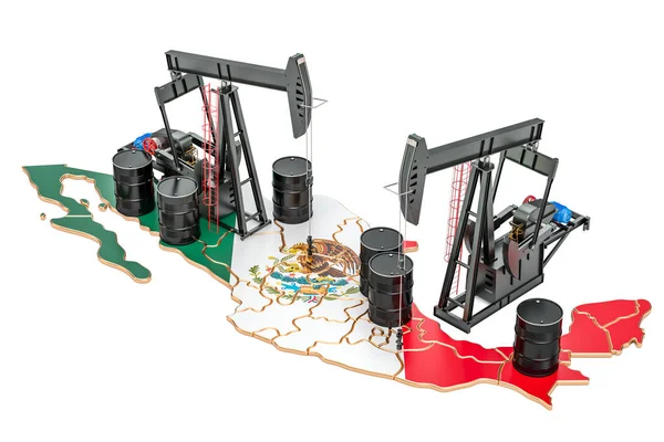 Mexikanska karta med fat olja och pumpjacks. Olja produktion conce — Stockfoto