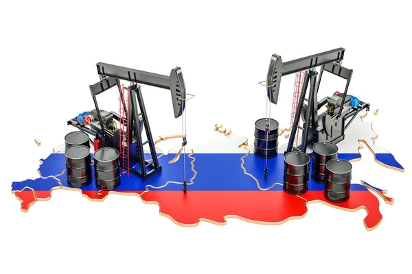 Carte russe avec barils de pétrole et jacks de pompage. Conce de production pétrolière — Photo