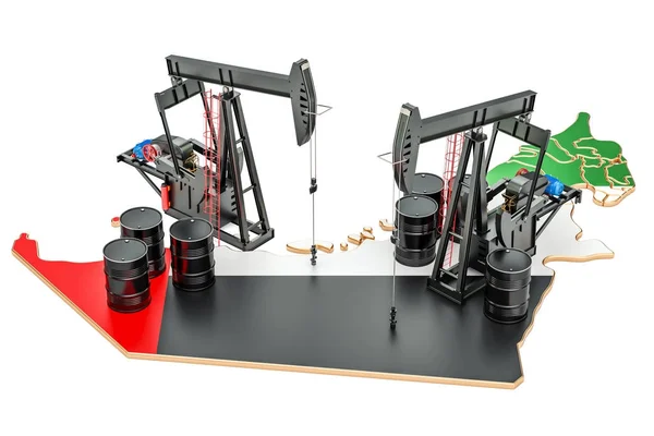UAE map with oil barrels and pumpjacks. Oil production concept. — Stock Photo, Image