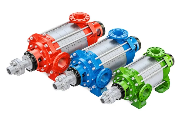 Set of colored horizontal multistage centrifugal pump, 3D render — Stock Photo, Image