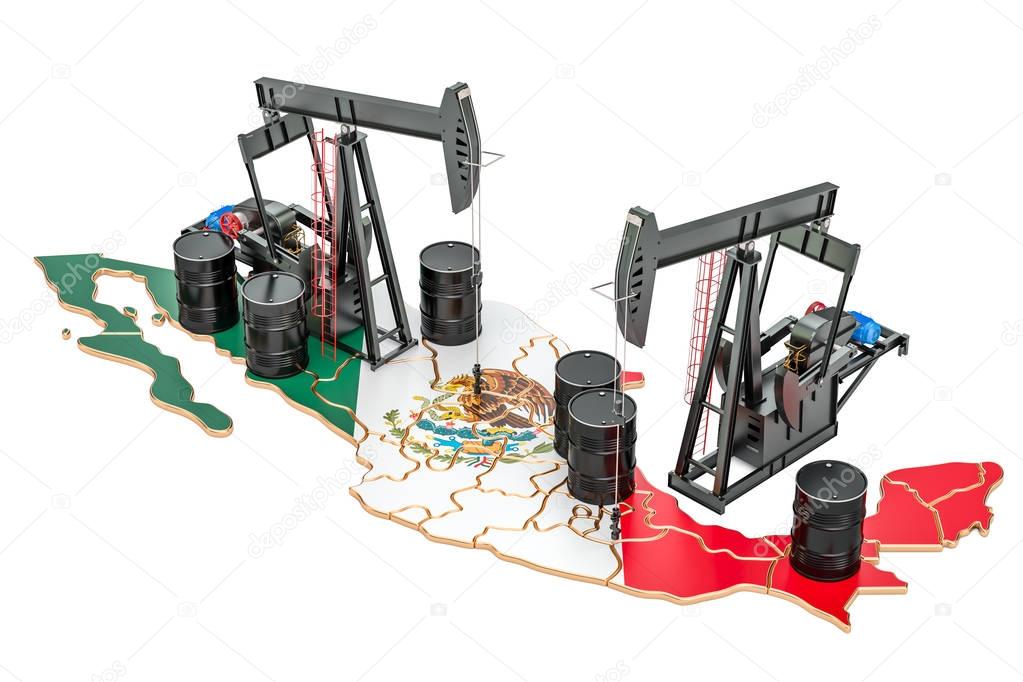 Mexican map with oil barrels and pumpjacks. Oil production conce