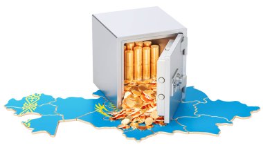Harita üzerinde altın sikke ile kasa Kazakistan, 3d renderin