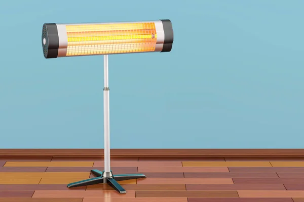 Halogen or infrared heater on the wooden floor. 3D rendering — Stock Photo, Image