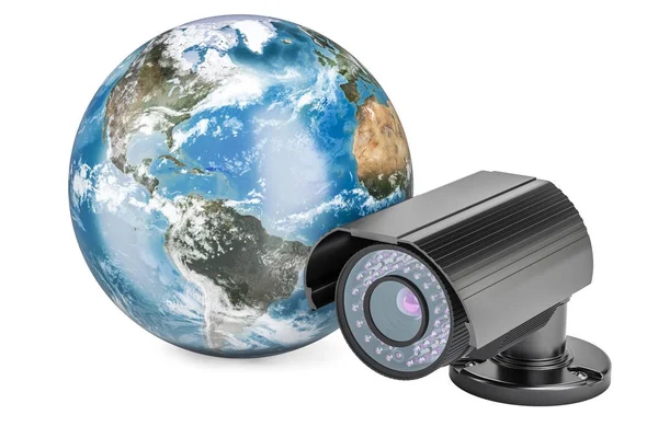 Security surveillance camera with Earth Globe, 3D rendering — Stock Photo, Image