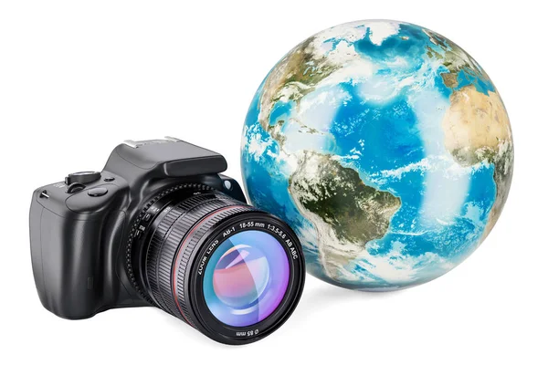 Earth Globe with digital single-lens reflex camera, 3D rendering — Stock Photo, Image