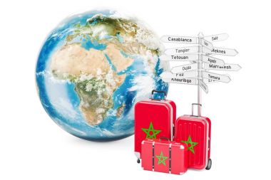 Fas Seyahat kavramı. Bavul tabelasını ve dünya küre ile,