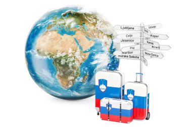 Slovenya seyahat kavramı. Bavul tabelasını ve dünya küre ile