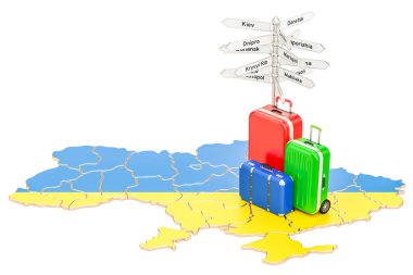 Ukrayna seyahat kavramı. Bavul ve signpos ile Ukrayna Haritası