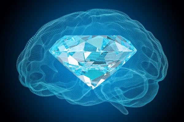 Λαμπρή ιδέα έννοιας. Διαμάντι μέσα στο εγκέφαλο, 3d rendering — Φωτογραφία Αρχείου