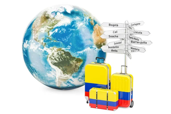 Colombia concetto di viaggio. Valigie con cartello e globo terrestre — Foto Stock