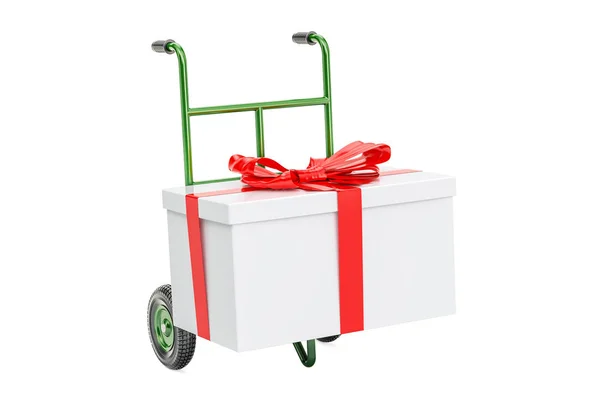 Camión de mano con caja regalo. Concepto de entrega de regalos, renderizado 3D — Foto de Stock