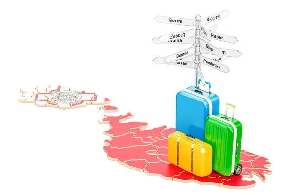 Malta conceito de viagem. Mapa com malas e poste de sinalização, renderização 3D — Fotografia de Stock