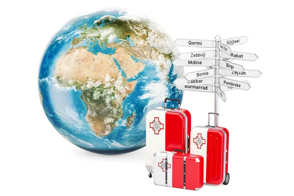 マルタ旅行の概念。道標と地球、3 スーツケース — ストック写真