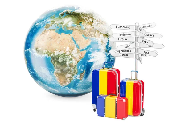 Romania concetto di viaggio. Valigie con cartello e globo terrestre , — Foto Stock
