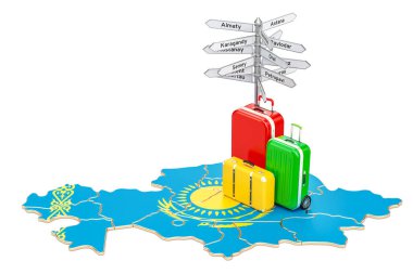 Kazakistan seyahat kavramı. Kazak harita valiz ve signpos ile