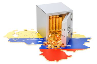 Venezuela, güvenlik Kasası harita üzerinde altın sikke ile 3d render