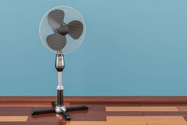 Ayakta ayaklı vantilatör odada ahşap zemin, 3d r üzerinde