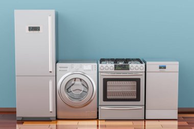 Çamaşır makinesi, gaz sobası, buzdolabı ve bulaşık makinesi odada