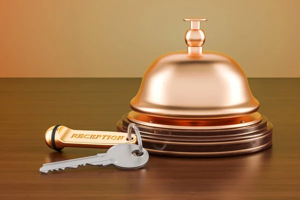 Chiave dell'hotel e campanello della reception sul tavolo di legno, rendering 3D — Foto Stock