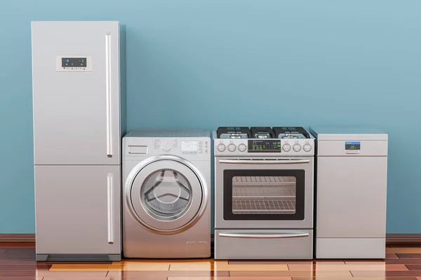 Máquina de lavar roupa, fogão a gás, geladeira e máquina de lavar louça no quarto no — Fotografia de Stock