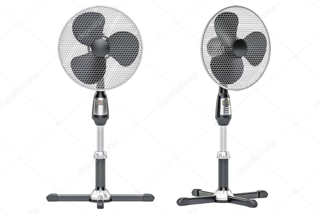Standing Pedestal Electric Fans front and side views, 3D renderi