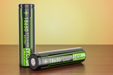 18650 Rechargeable Li-ion Batteries on the wooden table, 3D rend clipart
