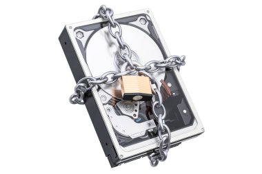 Sabit Disk Sürücü Hdd ile zincir ve asma kilit. Güvenlik ve koruma